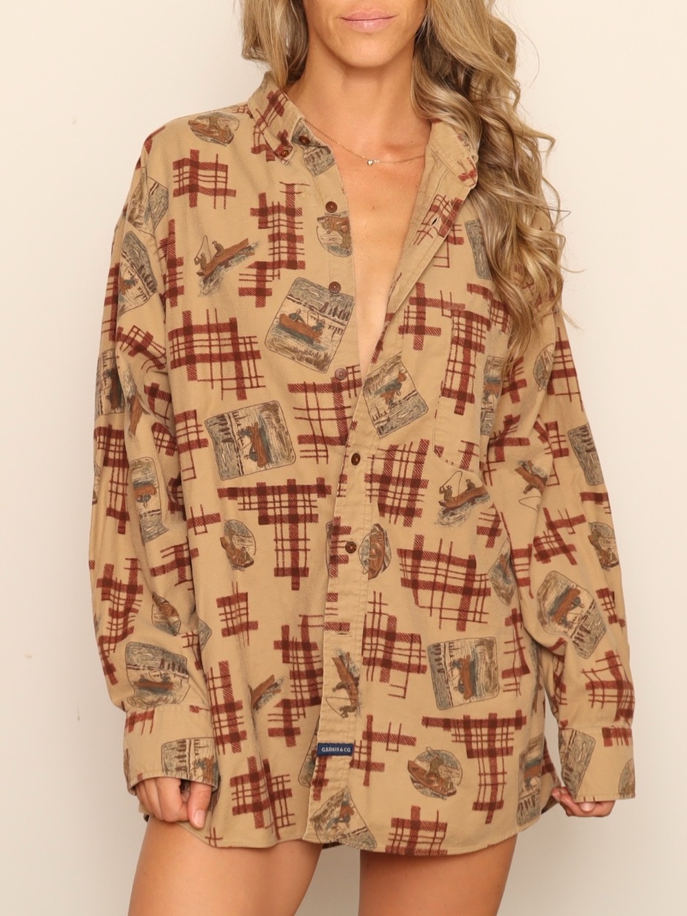 VINTAGE GH Bass & Co Beige Button Down Shirt with Red Plaid Scenic Fishing Print
